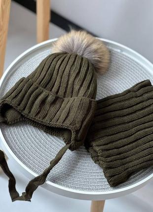 Зима еврозима детская шапка  с натуральным меховым пампоном унисекс 1-5 лет для мальчика и девочки с бубоном