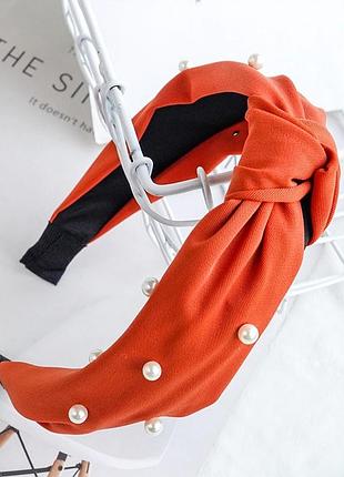 Обруч чалма для волос с жемчужинами / ободок с узлом коралловый