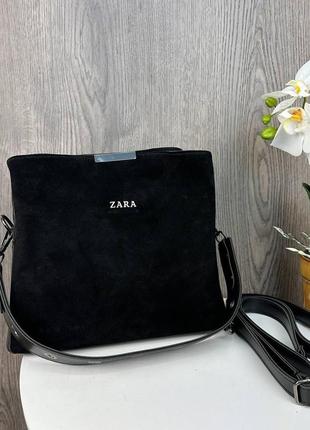 Женская замшевая сумка стиль zara, сумочка зара черная натуральная замша r_10995 фото