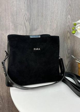 Женская замшевая сумка стиль zara, сумочка зара черная натуральная замша r_10991 фото