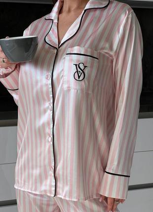 Женская шелковая розовая полосатая пижама vs viktoria's secret рубашка штаны шелковая пижама2 фото