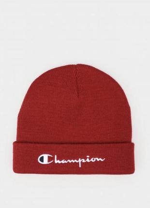 Зимняя короткая унисекс шапка от бренда champion в бордовом цвете, шапочка мини бини6 фото