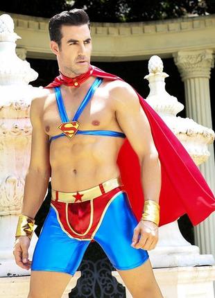 Мужской эротический костюм супермена "готовый на все стей" superman: плащ, портупея, шорты, манжеты