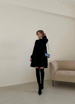 Вельветова чорна стильна трендова сукня вільного крою з мікровельвету 20242 фото