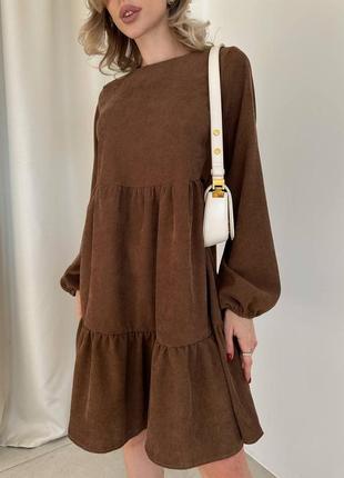 Вельветова коричнева стильна трендова сукня вільного крою з мікровельвету 20243 фото