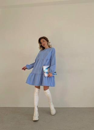 Вельветовое голубое стильное трендовое платье свободного кроя из микровельвета 20241 фото