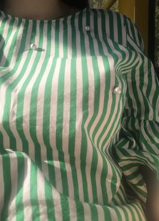 Сорочка в смужку з намистинами з воланами на рукавах, з рюшами zara5 фото