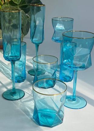 Коллекция бокалов и стаканов голубая геометрия, стакан хайбол 225 мл5 фото