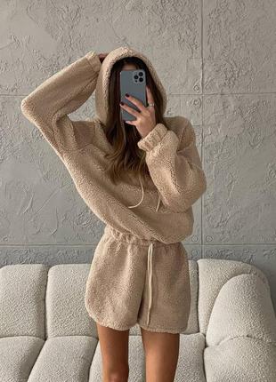 Женская теплая пижама домашний костюм мех  тедди махра шорты и худи шерты3 фото