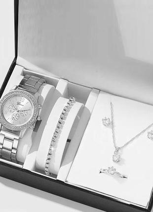 Набор женские, кварцевые наручные часы 39 мм, браслет, ожерелье, кольцо и серьги со вставками в виде кристаллов3 фото