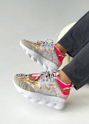 Нереально гарні жіночі масивні кросівки бренд chain react beige neon pink бежеві з неоново-рожевим
