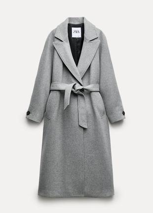 Длинное пальто на основе шерсти с поясом6 фото