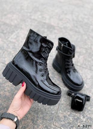 Натуральные кожаные лакированные черные демисезонные и зимние ботинки - берцы4 фото