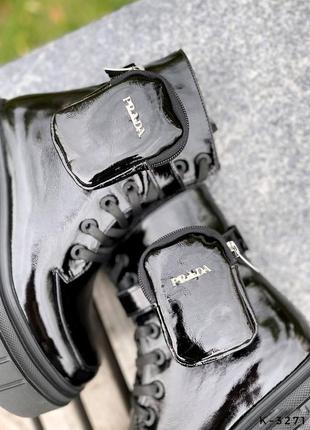 Натуральные кожаные лакированные черные демисезонные и зимние ботинки - берцы7 фото
