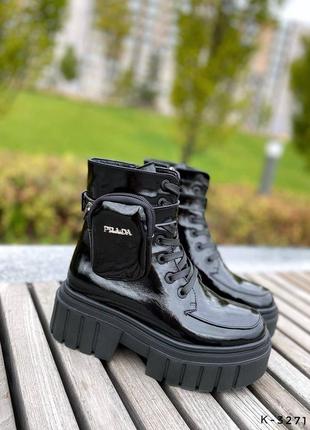 Натуральные кожаные лакированные черные демисезонные и зимние ботинки - берцы5 фото