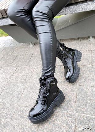 Натуральные кожаные лакированные черные демисезонные и зимние ботинки - берцы8 фото