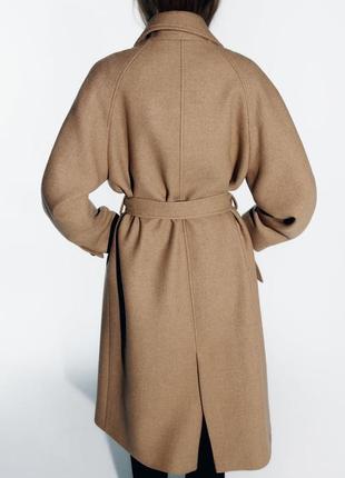 Длинное пальто на основе шерсти с поясом5 фото