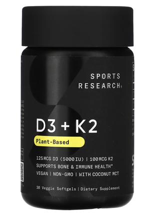 Sports research, растительные витамины d3 и k2, 60 веганских капсул