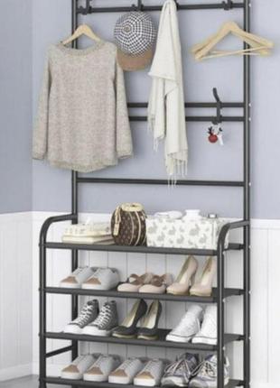 Вешалка для одежды в прихожую с полками для обуви new simple floor clothes rack. черная1 фото