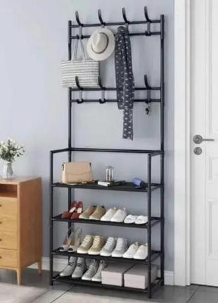 Вішалка для одягу в передпокій з полицями для взуття new simple floor clothes rack. чорна5 фото