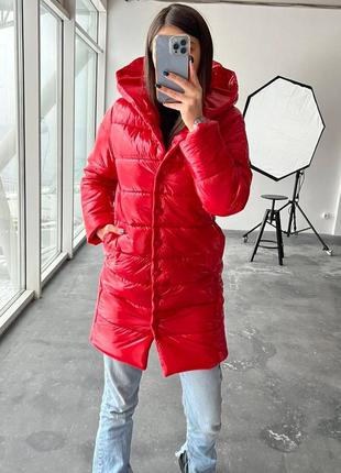 Куртка женская теплая однотонная с капишоном с карманами качественная стильная трендовая красная1 фото