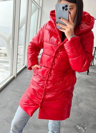Куртка женская теплая однотонная с капишоном с карманами качественная стильная трендовая красная3 фото