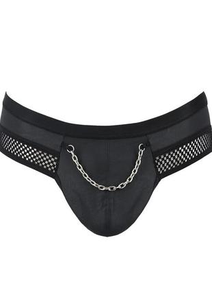 Еротичні чоловічі труси з ланцюжком passion black, екошкіра, відкриті сідниці