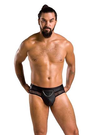 Еротичні чоловічі труси з ланцюжком passion black, екошкіра, відкриті сідниці
