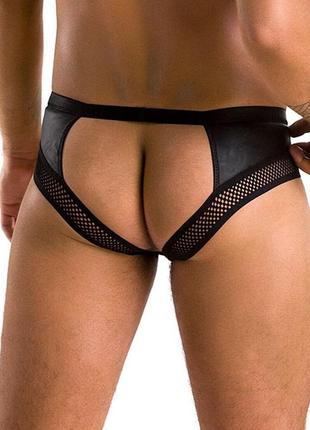 Еротичні чоловічі труси з ланцюжком passion black, екошкіра, відкриті сідниці