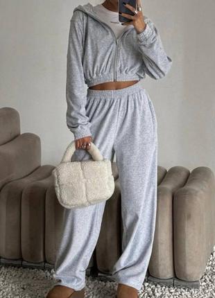 Костюм спортивный женский однонтонный оверсайз кофта на молнии с капишоном брюки свободного кроя на высокой посадке качественный серый