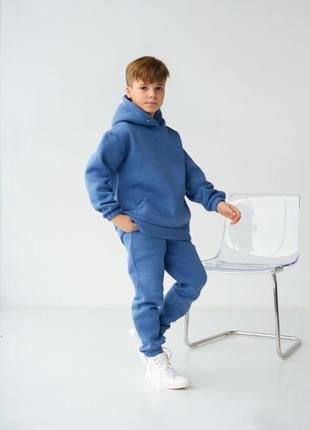 Костюм спортивный не кашлатится теплый детский из family look из трехнитки пинье на флисе джинс голубой3 фото