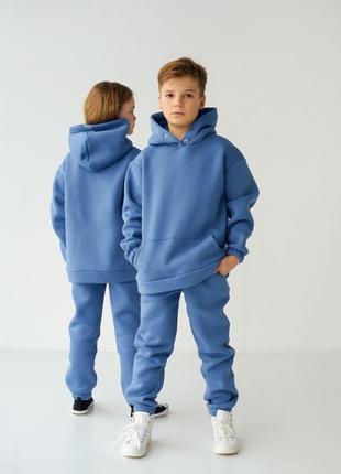 Костюм спортивный не кашлатится теплый детский из family look из трехнитки пинье на флисе джинс голубой5 фото