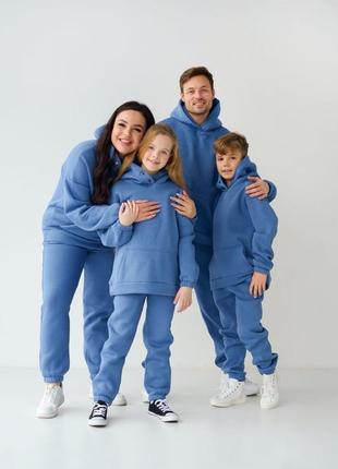 Костюм спортивный не кашлатится теплый детский из family look из трехнитки пинье на флисе джинс голубой7 фото