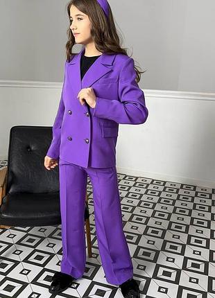 Костюм детский подростковый брючный для девочки двубортный пиджак, брюки, нарядный, фиолетоаый