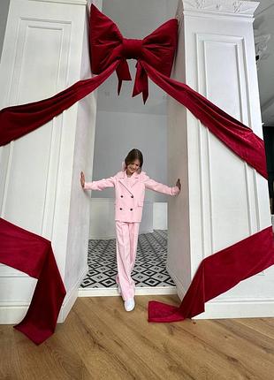 Костюм детский, подростковый, брючный для девочки двубортный пиджак, брюки, нарядный, розовый