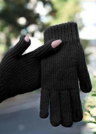 В'язані теплі рукавички чорний (3531)1 фото