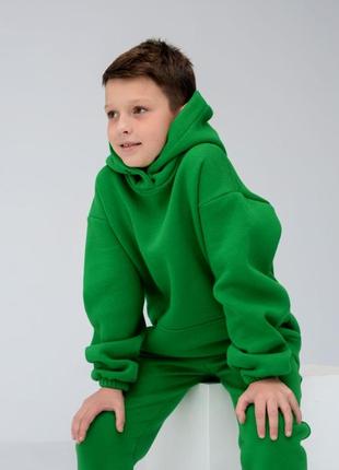 Костюм спортивный не кашлатится теплый детский из family look из трехнитки пинье на флисе зеленый4 фото