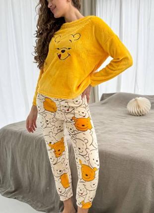 Яскрава затишна піжама жіноча кофта і штани в принт рубчик пижама тепла женская  штанишки кофточка ведмедик