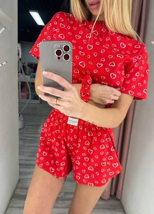 Пижама женская красная с принтом оверсайз футболка шорты на высокой посадке качественная трендовая
