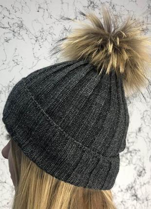 Зимний комплект moncler winter hat knitted pompon and scarf dark gray5 фото