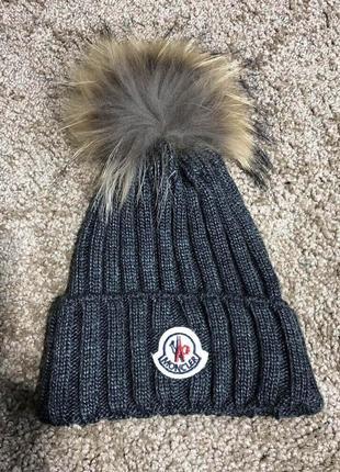 Зимний комплект moncler winter hat knitted pompon and scarf dark gray10 фото