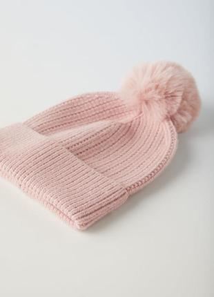 Розовая шапка/шапочка с меховым бубоном/помпоном на девочку 1-3 года зара/zara2 фото