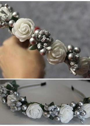 Нежный цветочный ободок обруч для волос белый серебро