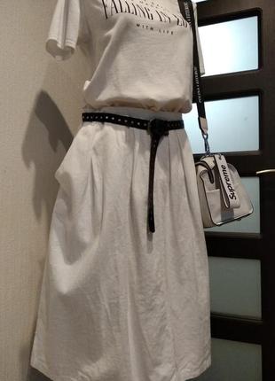 Льняная белая пышная юбка трапеция миди с карманами2 фото