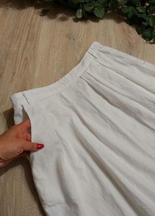 Льняная белая пышная юбка трапеция миди с карманами3 фото