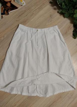 Льняная белая пышная юбка трапеция миди с карманами7 фото
