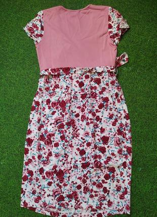 Платье в цветочек, с розовым верхом и коротким рукавом4 фото