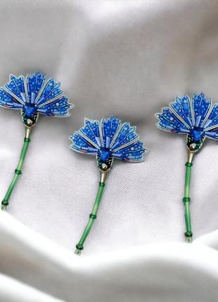 Брошь василька синий цветок из бисера ручной работы2 фото