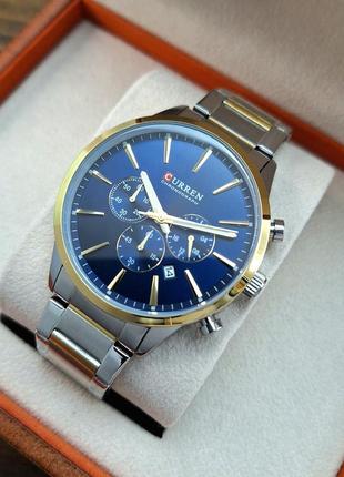 Чоловічий класичний кварцевий наручний годинник з хронографом curren 8435 silver-gold-blue. металевий браслет