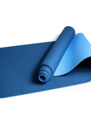 Килимок для йоги та фітнесу easyfit tpe+tc 6 мм двошаровий синій-блакитний